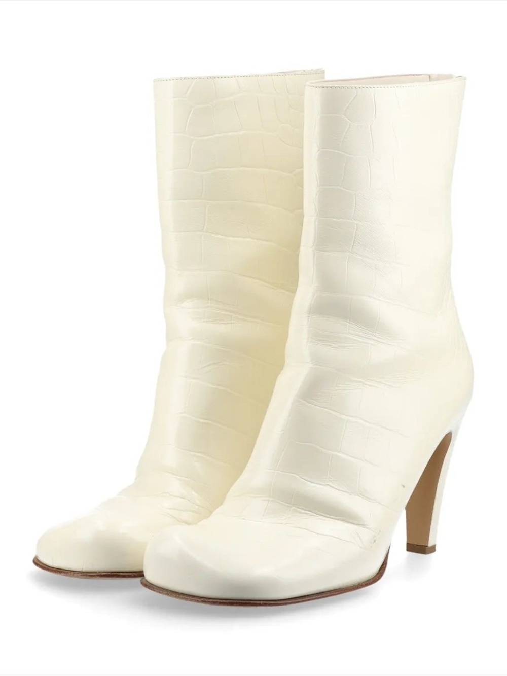 Bottega Veneta Cream Croc-Embossed Mid-Calf Heeled Boots